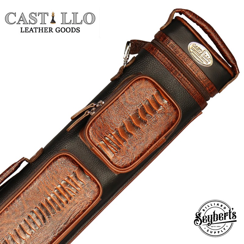 Castillo Black Leather with Cognac Ostrich Leg Accent 2x4 Hard Leather Pool Cue Case - CLG24BKCGOS