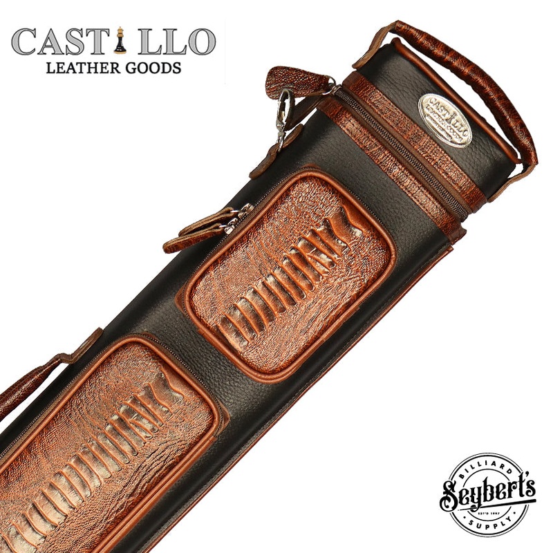 Castillo Black Leather with Cognac Ostrich Leg Accent 3x5 Hard Leather Pool Cue Case - CLG35BKCGOS
