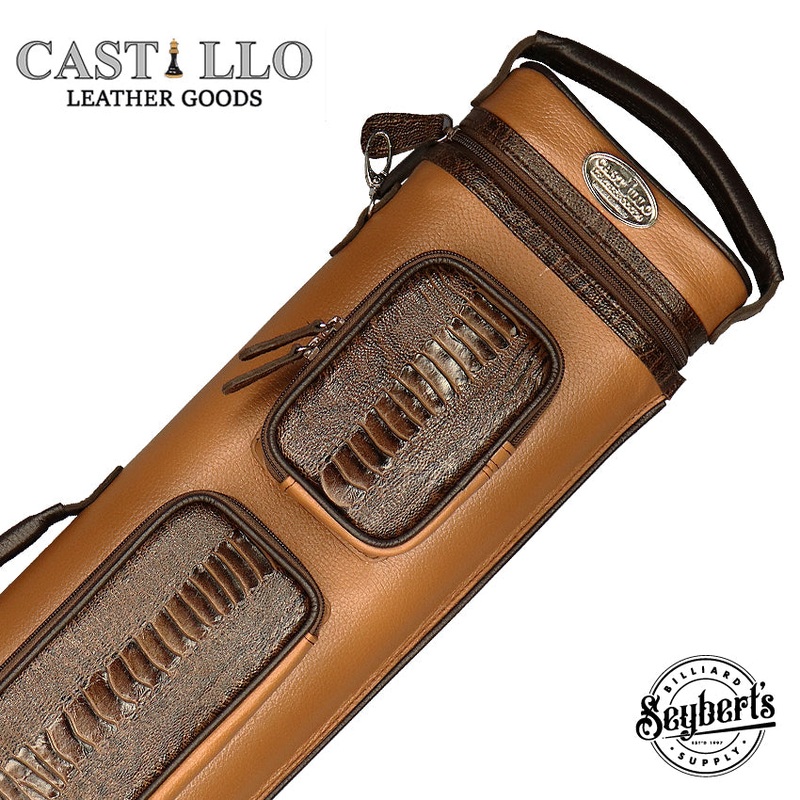 Castillo Honey Brown Leather with Chocolate Brown Ostrich Leg Accent 4x7 Hard Leather Pool Cue Case - CLG47HBRCBOS