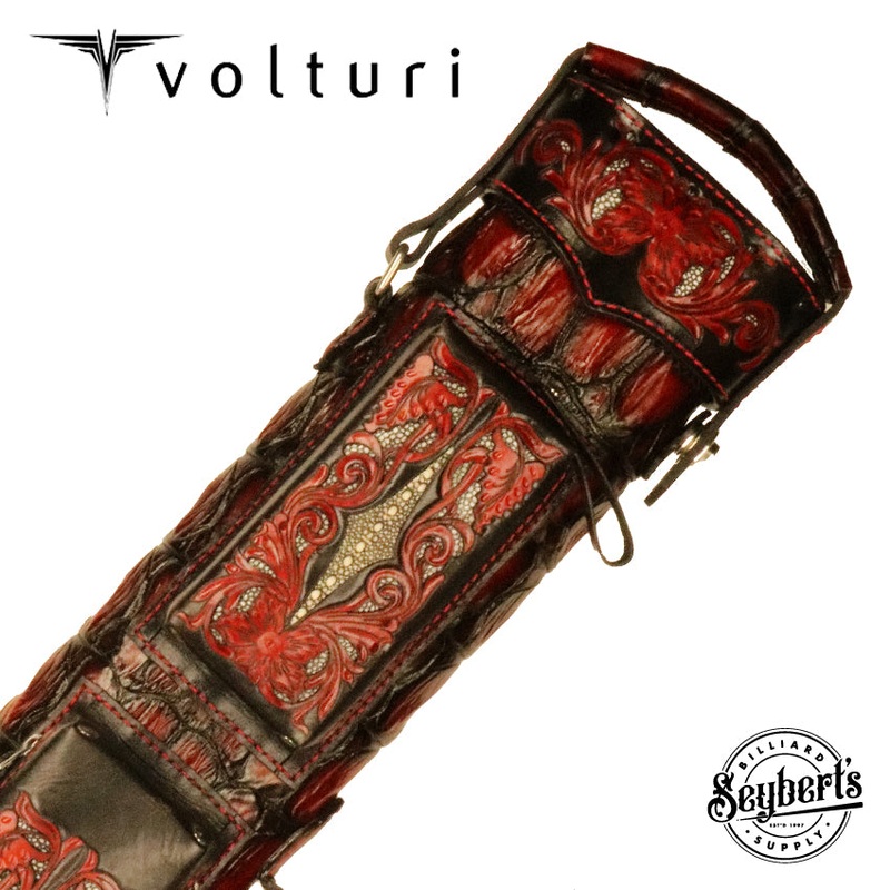 Volturi Custom Hand Tooled Crocodile Red/Black 2x4 Hard Pool Cue Case - SPMERVOL