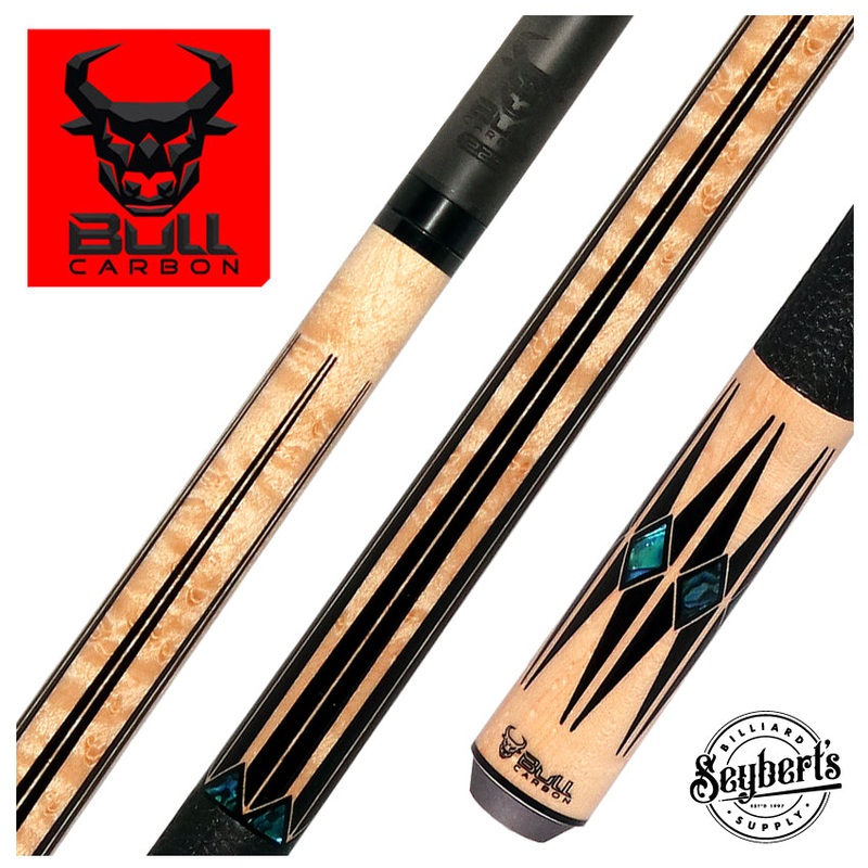 Bull Carbon Birdseye Maple with Black Points and Abalone Inlays Play Cue with Textured Leather Wrap