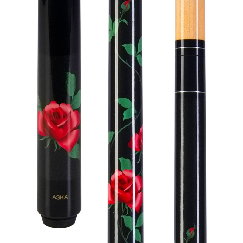 ASKA Custom Pool Cue Black Rose, 13mm Hard Leather Tip, Canadian Hard Rock Maple, No Wrap