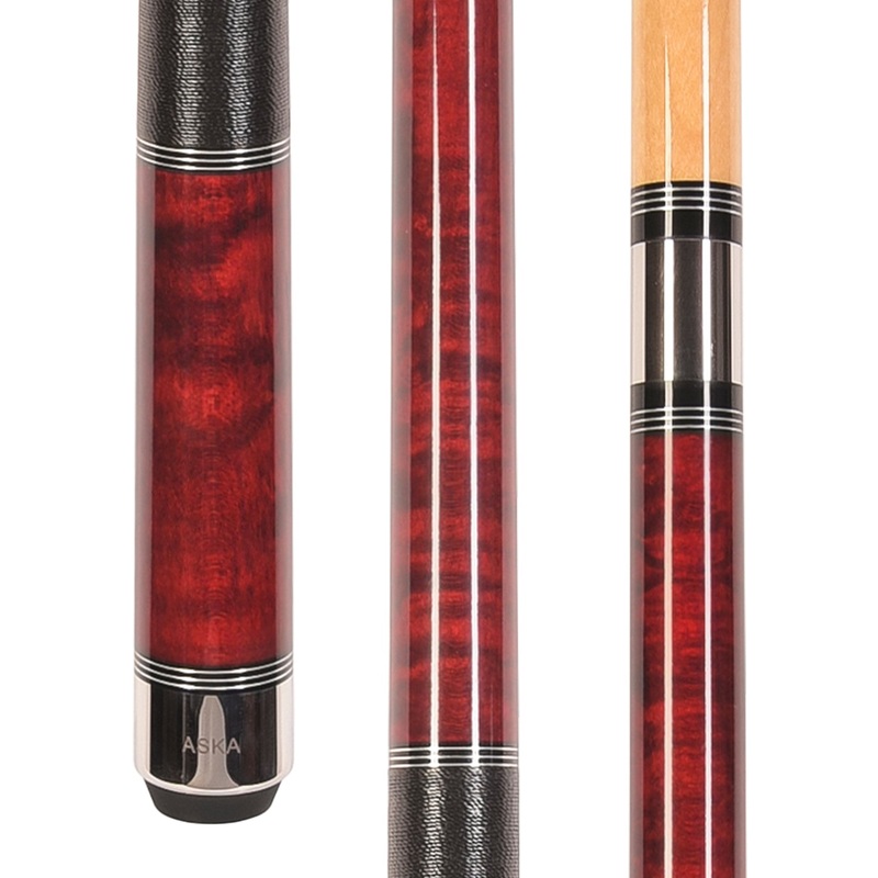 ASKA Pool Cue Stick TR RED, Maple Shaft, 5/16x18 Metal Joint, Black Irish Linen, Triple Rings, 12.75mm Tip, TRRD