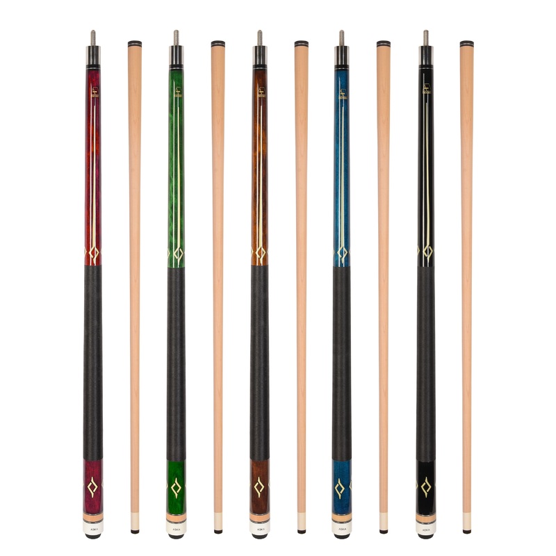 ASKA Set of 5 Pool Cue Sticks 58", 2-Piece Construction, 5/16x18 Joint, Hard Rock Canadian Maple, 13mm Hard Glued On Tip, Mixed Weights and Colors, L7S5