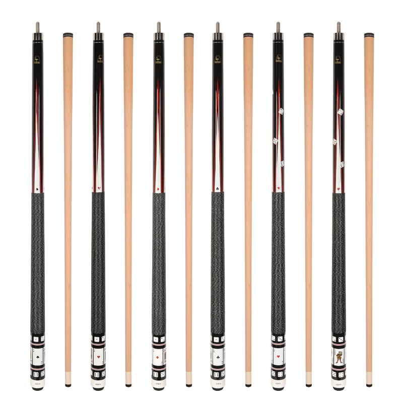 Set of 6 Aska Cards and Dice Billiard Pool Cues, 58" Hard Rock Canadian Maple, 13mm Hard Tip, Mixed Weights, CDS6