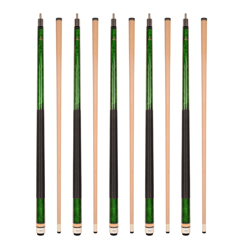Set of 5 GREEN Aska L2 Billiard Pool Cues, 58" Hard Rock Canadian Maple, 13mm Hard Tip, Mixed Weights, L2S5GRN