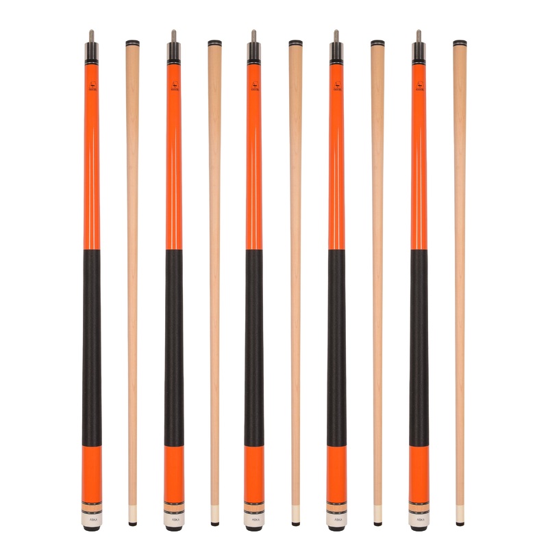 Set of 5 Orange Aska L2 Billiard Pool Cues, 58" Hard Rock Canadian Maple, 13mm Hard Tip, Mixed Weights, L2S5ORG