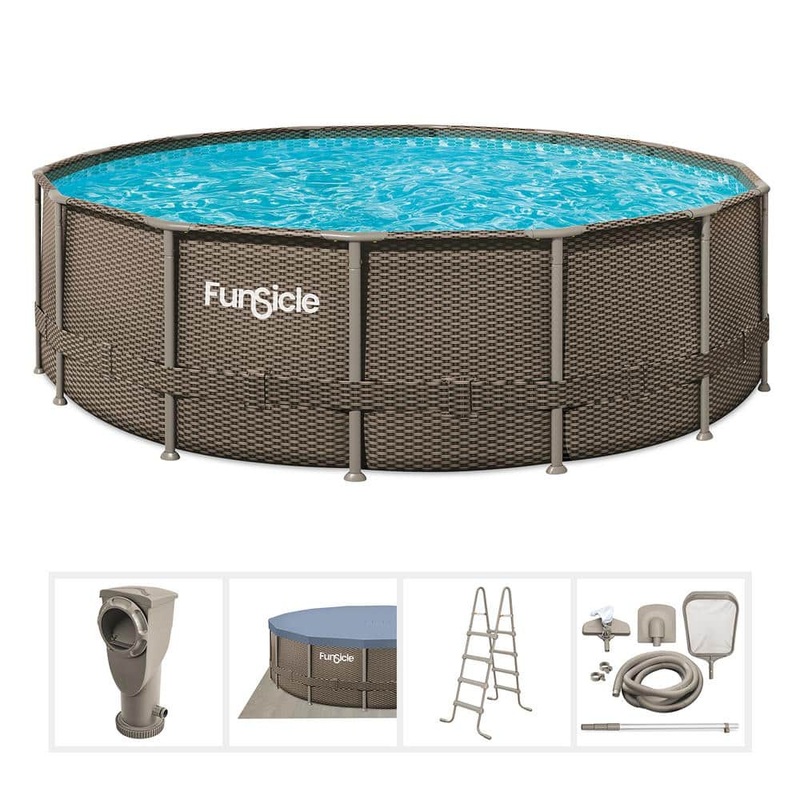 Oasis Designer 16 ft. Round 48 in. Deep Metal Frame Above Ground Pool with Pump, Dark Double Rattan