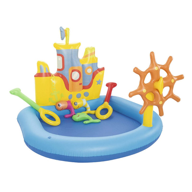 Children's Tug Boat Inflatable Play Pool - 84L Capacity w/ Water Play Accessories